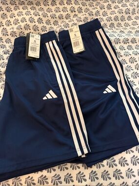 NWT 2-pack Men’s adidas Navy Blue Athletic Shorts with White Stripes, Small